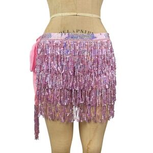Festival Sequin Fringe Wrap Skirt Pink Boho Fairy Party Rave Women OS Y2K